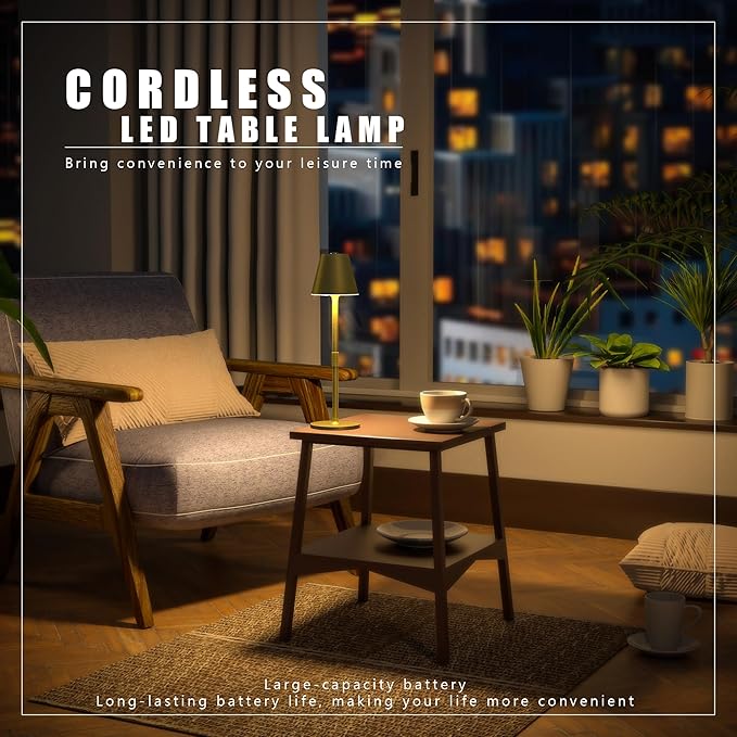 2-Pack Cordless Table Lamps - 5000mAh Rechargeable Battery Operated Desk Lamp, 3-Level Dimmable LED Night Light for Bedroom, Dining, Restaurant - Metal Design (Champagne Gold 2Pack)