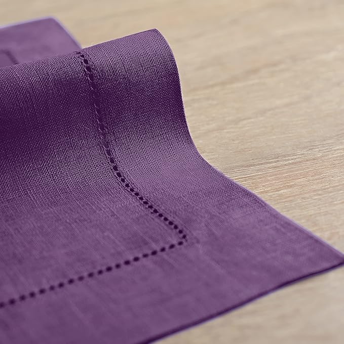 Solino Home Linen Cloth Placemats Set of 6-100% Pure Linen Hemstitch Purple Placemats 14 x 19 Inch - Classic Hemstitch Table Place Mats for Valentines, New Year