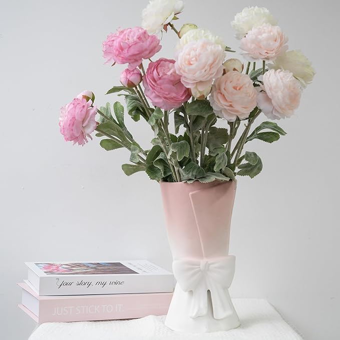 Pink White Ceramic Bow Vase 9.64 in Unique Cute Modern Decorative Bouquet Flower Vases for Home Living Room Table Decor Women Girl Gifts