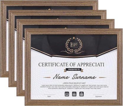 KINLINK 8.5x11 Picture Frame Brown Wood, Solid Wood Diploma Frames with Acrylic Plexiglass for Pictures, Certificate Degree Document Frame Tabletop and Wall Mounting Display, 4 Pack