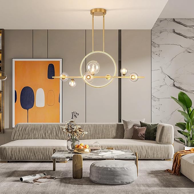 Modern 7-Light Gold Kitchen Island Light for Dining Room, 37.4" Minimalist Dimmable LED Linear Pendant Lights with Globe Glass Shade, Ceiling Light Fixture Hanging for Dining Room, Office, Kitchen