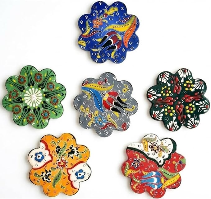 Hand-Painted Turkish Ceramic Coaster Set (6 Pack) – Absorbent, Durable Drink Coasters for Coffee, Tea & Tabletop Protection