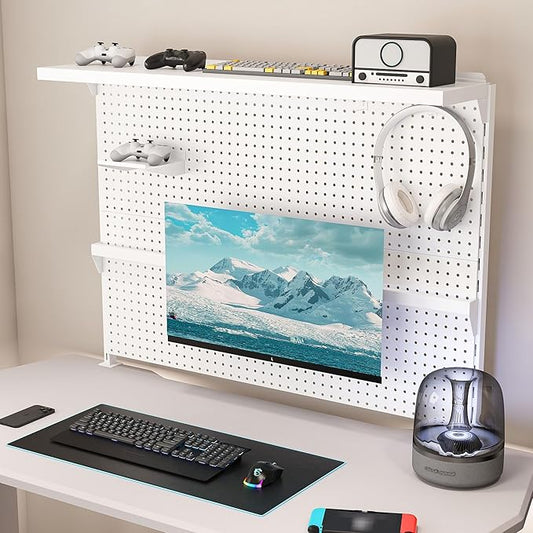 KEIKI Clamp-On Desk Pegboard with Single Monitor Stand, 43" x 35" Steel Peg Board Office Organizer with Hooks, Movable Panel & Shelf for Office Supplies, Gaming Setup & Desk Organization, White