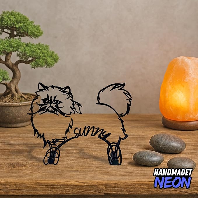 Personalized Persian Cat Minimalist Metal Line Art Sculpture Custom Name Abstract Figurine Desk Decor Wall Art Cat Enthusiasts Living Room Bedroom Gift For Birthday Anniversary