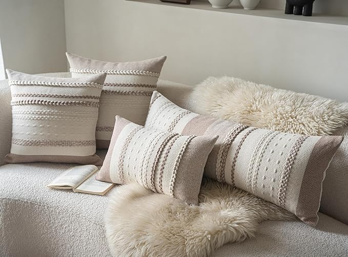 Boho Lumbar Pillow Covers 14x36 Inch Long, Khaki Textured Decorative Couch Pillow Cases for Farmhouse Home Decor, Accent Cushion Cover for Sofa, Bed, Living Room, Bedroom, Pack of 1