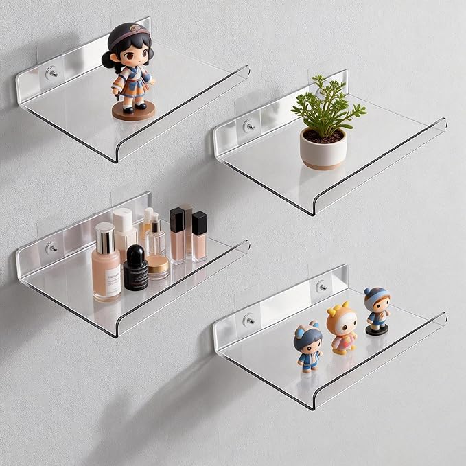 4-Pack Clear Acrylic Floating Shelves with Adhesive & No-Trace Nails - Ultimate No Drill Wall Mounted Display & Storage Organizer for Bathroom, Bedroom, Living Room, Office, 7.87" x 4" (4, U-Shape)