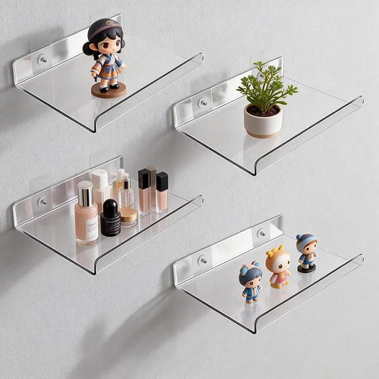 4-Pack Clear Acrylic Floating Shelves with Adhesive & No-Trace Nails - Ultimate No Drill Wall Mounted Display & Storage Organizer for Bathroom, Bedroom, Living Room, Office, 7.87" x 4" (4, U-Shape)