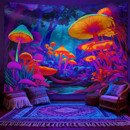 seewan Black Light Fantasy Mushroom Tapestry, Glow-in-the-Dark UV Neon Magic Forest Wall Hanging, Psychedelic Fantasy Nature Art Tapestry, Bedroom Dorm Living Room Background Decor