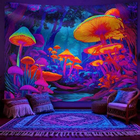 seewan Black Light Fantasy Mushroom Tapestry, Glow-in-the-Dark UV Neon Magic Forest Wall Hanging, Psychedelic Fantasy Nature Art Tapestry, Bedroom Dorm Living Room Background Decor