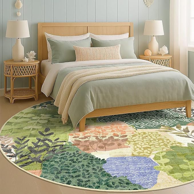 DEXDE Large Round Rug 9ft Washable Circle Area Rugs Non Slip Low Pile Boho Floral Circular Carpet for Bedroom Bathroom Entryway Kids Room Office Dining Room,Green