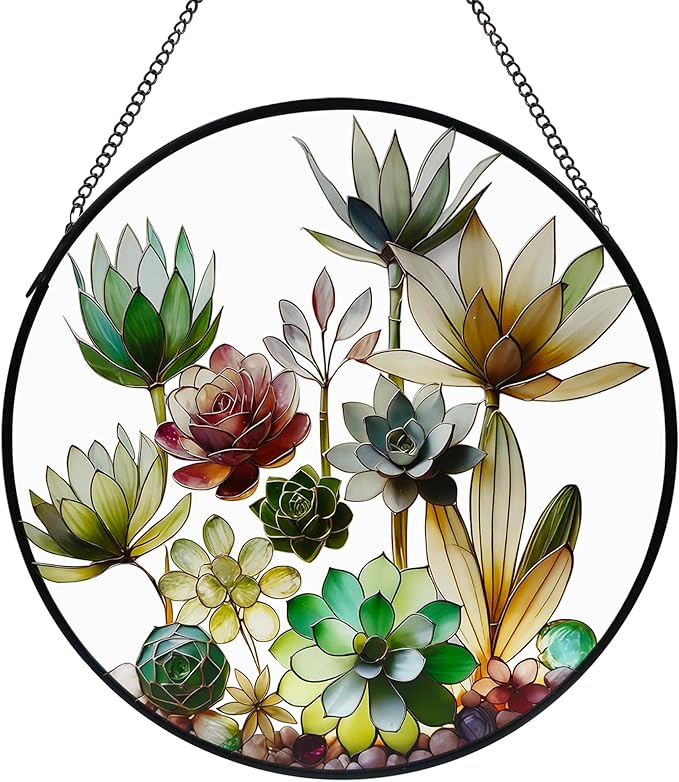 Stained Glass Window Hanging, 9.8'' Succulents Sun Catcher Glass Panel Home Garden Decor with Chain, Green Plants Stained Glass Sunatcher Gift for Nature Lover, Mom, Friends