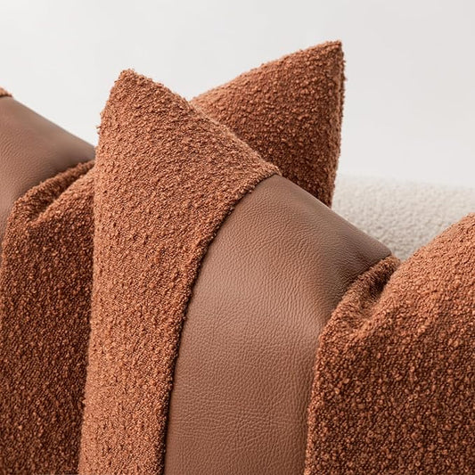 18"x18" Rust Red Boucle Throw Pillow Covers with Faux Leather Accents Set of 2 Fluffy Textured Decorative Pillow Cases for Couch Bed Boho Farmhouse Square Cushion Covers for Nordic Home