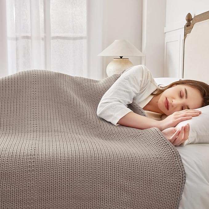 Guohaoi Knitted Weighted Blanket for Adults (Beige 60"x80" 25lbs) No Beads Cooling Throw Blanket for Hot Sleepers, Home Decor Breathable Chunky Knit Heavy Blanket Use on Queen/King Size Bed