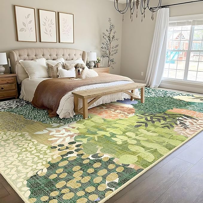 DEXDE Large Area Rugs 9x12 Living Room, Floral Washable Rug Boho Print Vintage Low Pile Non Slip Carpet for Bedroom Kids Room Kitchen Playroom Office Dinning Room,Green