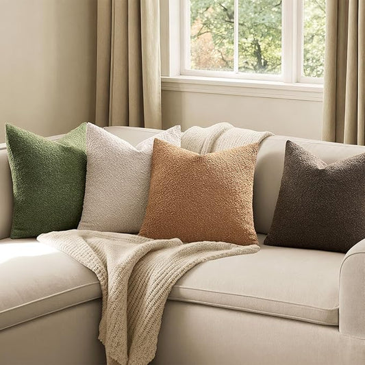 MIULEE Pack of 4 Decorative Textured Boucle Throw Pillow Covers 20x20 Inch Green Brown Accent Solid Pillow Cases Soft Couch Cushion Covers Modern Farmhouse Boho Chair Sofa Bed Livingroom Home Decor