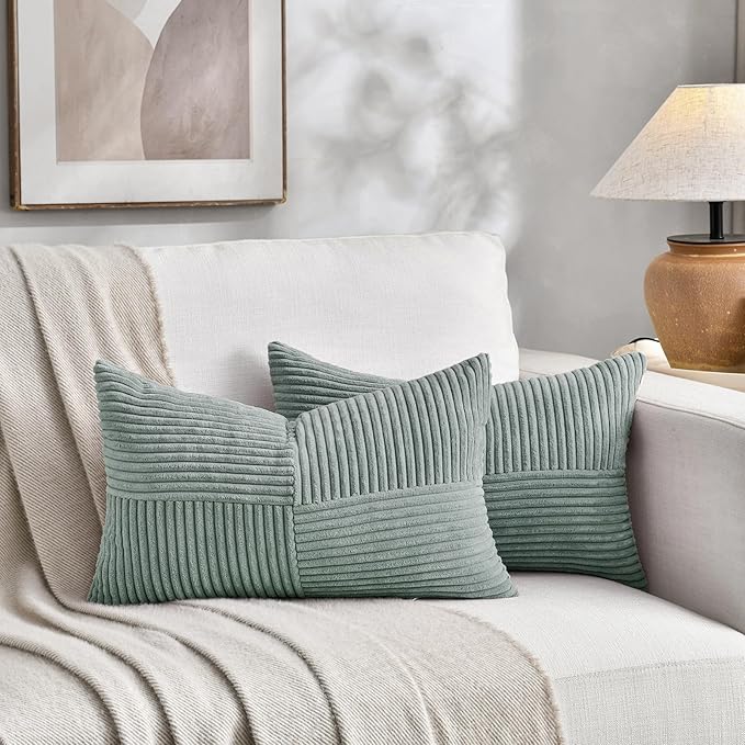 Fancy Homi 2 Packs Grey Blue Lumbar Decorative Throw Pillow Covers 14x22 Inch for Living Room Couch Bed, Rustic Farmhouse Boho Home Decor, Soft Striped Corduroy Rectangle Accent Cushion Case 35x55 cm
