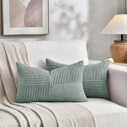 Fancy Homi 2 Packs Grey Blue Lumbar Decorative Throw Pillow Covers 16x32 Inch for Living Room Couch Bed, Rustic Farmhouse Boho Home Decor, Soft Striped Corduroy Rectangle Accent Cushion Case 40x80 cm