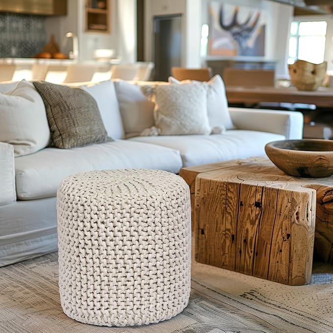 COTTON CRAFT Braided Round Pouf - Hand Knitted Cotton Cord Cable Dori Cylindrical Floor Pouf - Foot Stool - Ottoman - Footrest - Accent Seat - Living Room Bedroom Dorm Décor - 15 Round x 16 H - Ivory