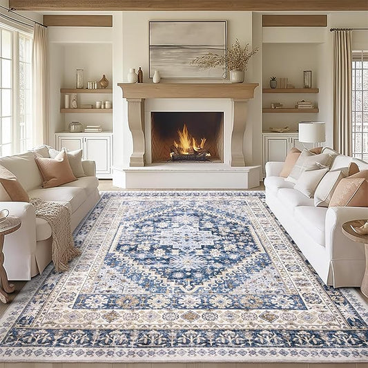 zesthome 8x10 Area Rugs for Living Room,Non-Slip Backing Washable Rugs,Vintage Large Area Rug,Stain Resistant Home Decor Rug (Blue/Beige,8'x10')