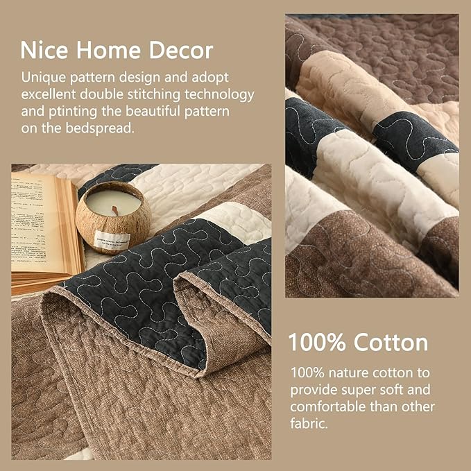 Finlonte Bedspread King Size 100% Cotton Oversized King Size Bedspreads Charcoal Brown Beige Extra Super King Quilted Bed Spread Striped Farmhouse Lightweight Soft Bedding Set for All Season, 3 Piece