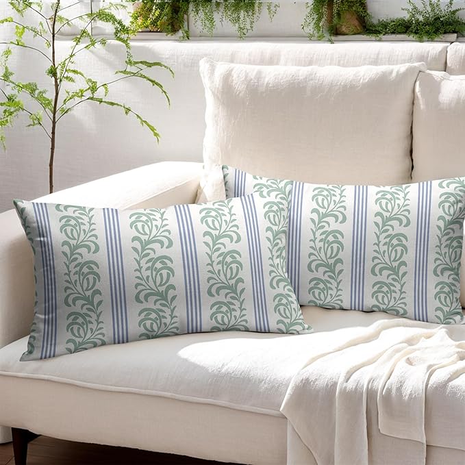 Blue Green Floral Lumbar Pillow Covers 12x20 Set of 2 Spring Vitage Flower Striped Pattern Rustic Decorative Outdoor Farmhouse Boho Pillowcases Decorations Throw Cushion Cover Decor for Couch Sofa Bed