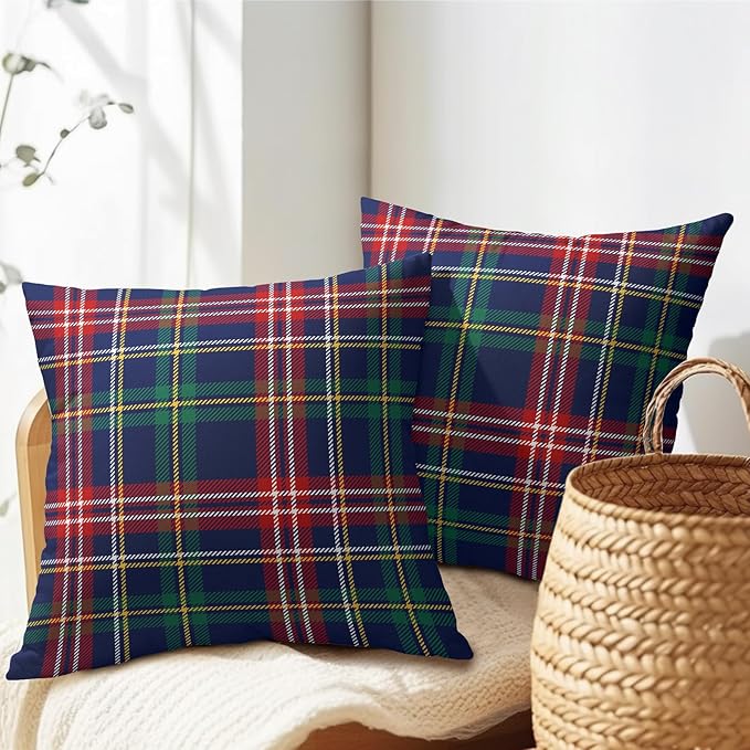 Christmas Tartan Pillow Covers 20x20 Set of 2 Navy Blue Green Red Plaid Print Decorative Outdoor Xmas Throw Pillow Cases Rustic Winter Holiday Decoration Farmhouse Sofa Couch Cushion Cover Bed Decor