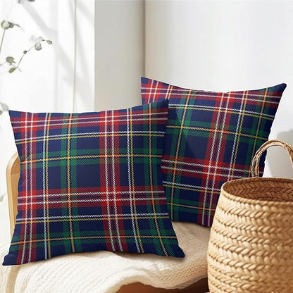 Christmas Tartan Pillow Covers 24x24 Set of 2 Navy Blue Green Red Plaid Print Decorative Outdoor Xmas Throw Pillow Cases Rustic Winter Holiday Decoration Farmhouse Sofa Couch Cushion Cover Bed Decor