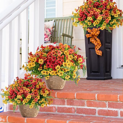 Artificial Faux Plants Flowers Outdoor Decoration,18 Bundles Fake Silk Colorful Daisy Eucalyptus Realistic UV Resistant for Outside Home Planter Porch Patio Yard Decor (Yellow Red)