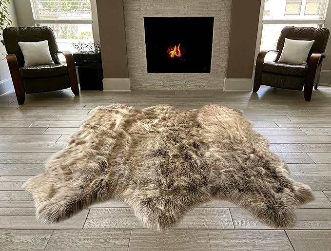 Free Shape Luxury Soft Fluffy Shag Area Rug Sexto 6 Pelts 6'x6',180x180 cm - Vegan Fur Ultra Soft Indoor Carpet Nursery Rugs for Bedroom Home Decor, Brown with Beige Tips