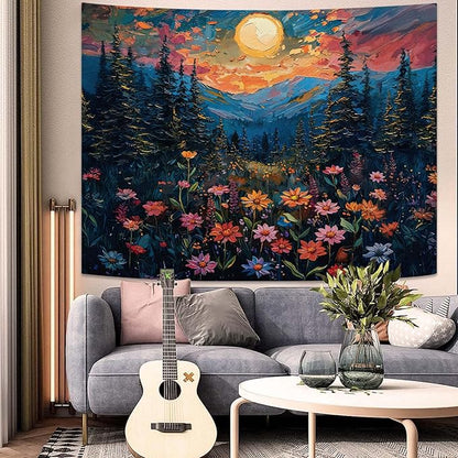 kampdream Landscape Tapestry, Scenery Art Wall Tapestries, Nature Wall Decor for Bedroom Living Room Backdrop Sunset Wildflowers 60×80 inches