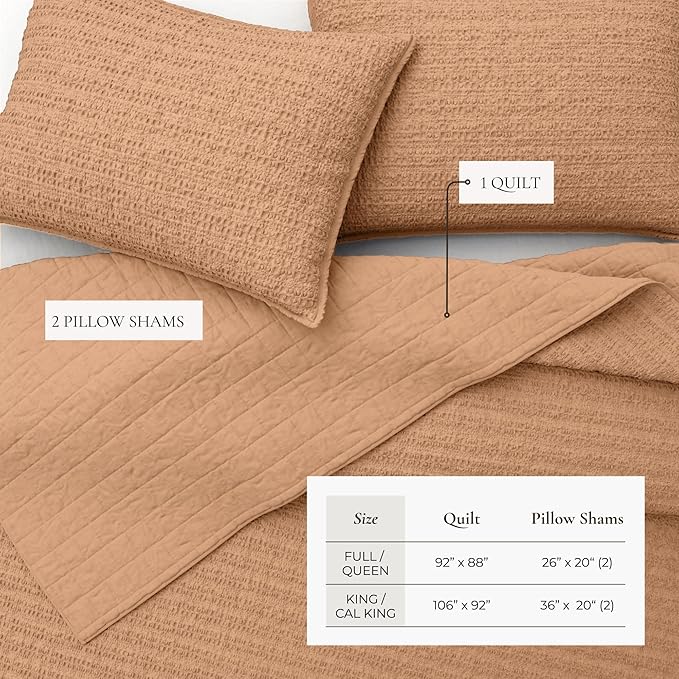 Great Bay Home King Size 100% Cotton Honeycomb Waffle Quilt and Sham Set - Garment Washed, Waffle Weave Like Texture, Lightweight 3-Piece Bedding Set (Clay)
