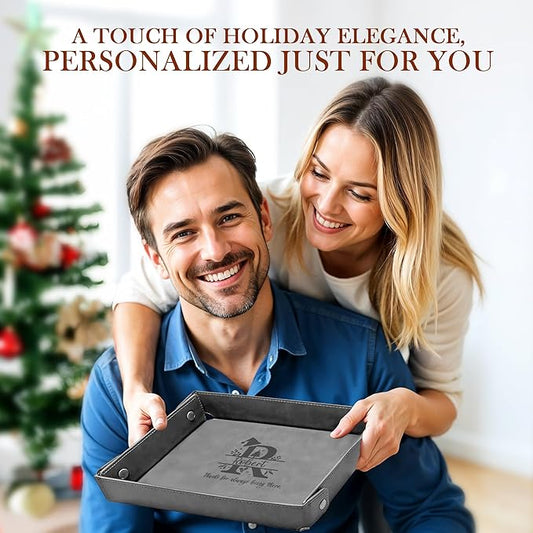 Engraved Christmas Gray Leather Valet Tray – Personalized Rectangle Catchall Organizer for Wallet, Keys, and Jewelry – Gift for Men, Dad, Couples – Dresser Top or Coffee Table Tray Decor