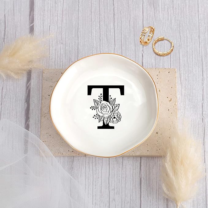 JoycuFF Initial T Ceramic Jewelry Tray, Bridesmaid Bride Gifts, Mothers Day Christmas Anniversary Engagement Birthday Gifts for Women Couples, Trinket Dish for Rings Earrings Necklaces Bracelets Keys