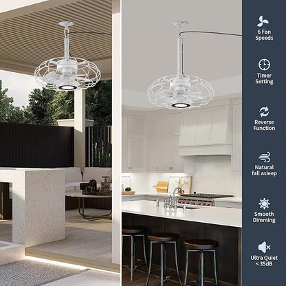 15" Outdoor Ceiling Fan with Light, with Remote and App Remote, IP65 Waterproof Gazebo Hanging Fan, 3CCT Dimmable, Portable Plug in Ceiling Fan with Cord Hook for Patio Porch Pergola Indoor(White)