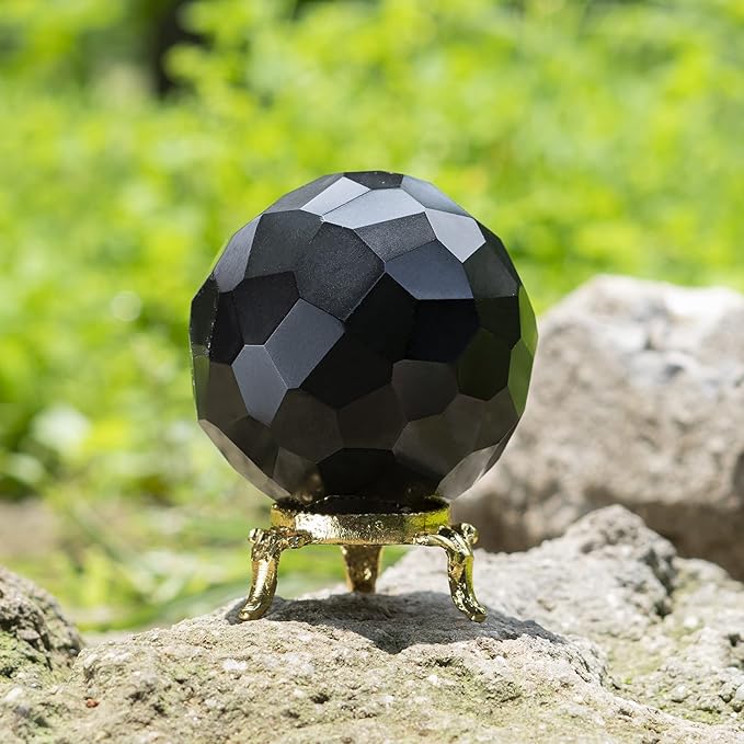Crocon 50mm Black Tourmaline Diamond Cut Stone Sphere Ball with Metal Stand 1400+ Carats Gemstone Ball Healing Ornament Rock Sphere Sculpture Figurine for Fengshui Divination Crystal
