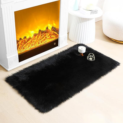 Fluffy Faux Fur Rug Black Sheepskin Area Rug,2x4 Ft Ultra Soft Shaggy Plush Rug for Bedroom Bedside Living Room Nursery Kids Room