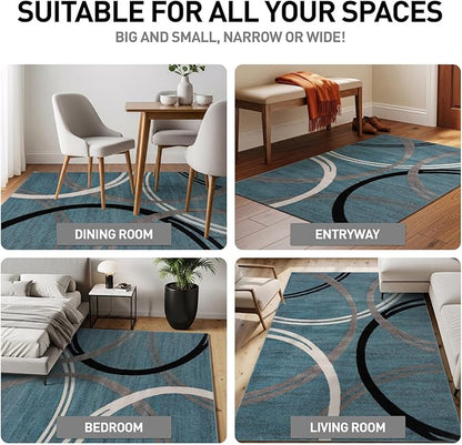 Rugshop Modern Wavy Circles Design Square Rug, Non-Shedding Carpet for Living Room, Bedroom, or Dining Room, Blue, 6'6" x 6'6"
