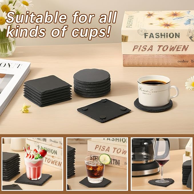 72 Pcs Slate Coasters for Laser Engraving Blanks Slate Coasters Bulk for Engraving Black 4 Inch Blank Laser Engraving, Hand Painted, Scratch Resistant Bottom Square+Round+Heart+Hexagon