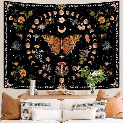 Aipon Orange Butterfly Moon Flower Tapestry Botanical Floral Plant Boho Tapestry for Bedroom Aesthetic Vintage Tapestries Wall Hanging for Living Room Dorm (36.00" x 48.00", Orange)