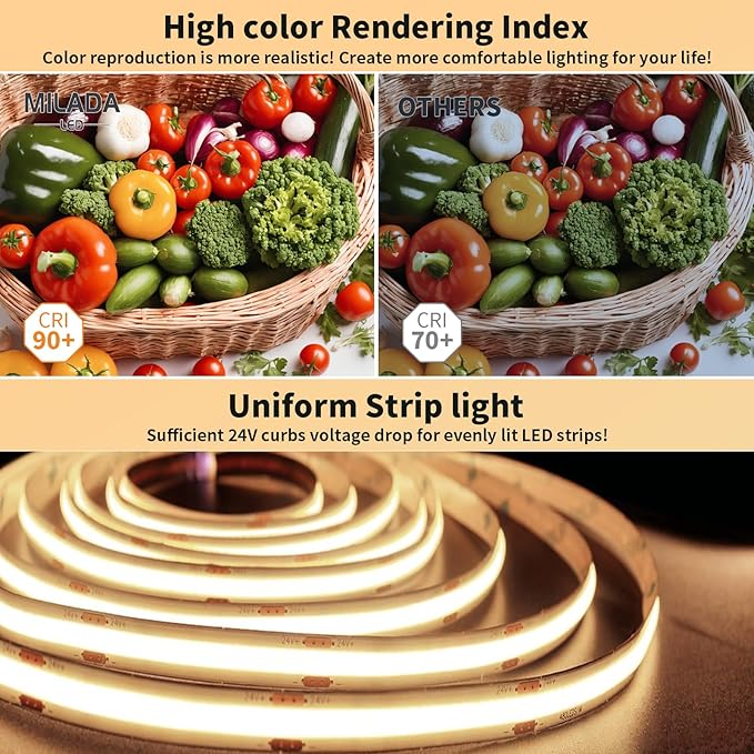 COB LED Strip Light 3000K 80FT/24M Warm White LED Strip Dimmable High Lumen Strip (2 Rolls of 40ft) 24V UL Adapter Suitable Adhesive Indoor COB LED Strip for Bedroom, Living Room, Shelf, Cabinet