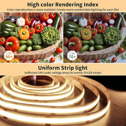 COB LED Strip Light 3000K 20FT/6M Warm White LED Strip Dimmable High Lumen Strip with RF Remote 24V UL Certified Adapter Suitable Adhesive Indoor COB LED Strip for Bedroom Living Room, Shelf, Cabinet
