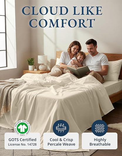 LANE LINEN 100% Organic Cotton Twin XL Sheets Set, 3-Piece Pure Organic Cotton Percale Sheets, Cotton Bedsheets, Ultra Soft Bedding Sheets, Breathable, Fits Mattress Upto 15" Deep - Natural