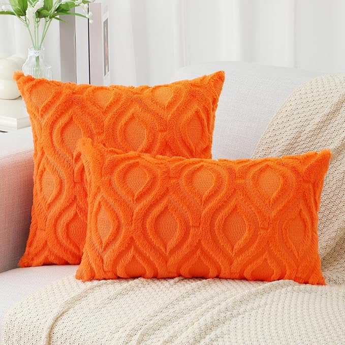 decorUhome Throw Pillow Covers 16x16 Inch Set of 2, Soft Plush Faux Wool Orange Solid Couch Pillow Covers, Accent Farmhouse Neutral Square Pillow Cases for Sofa Bed Living Room