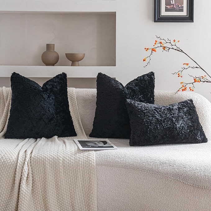 Neelvin Set of 2 Faux Fur Throw Pillow Covers 20x20 Inch Black Cozy Soft Solid Decorative Pillowcases Thick Plush Sheepskin Cushion Case for Chair and Couch Sofa Bedroom