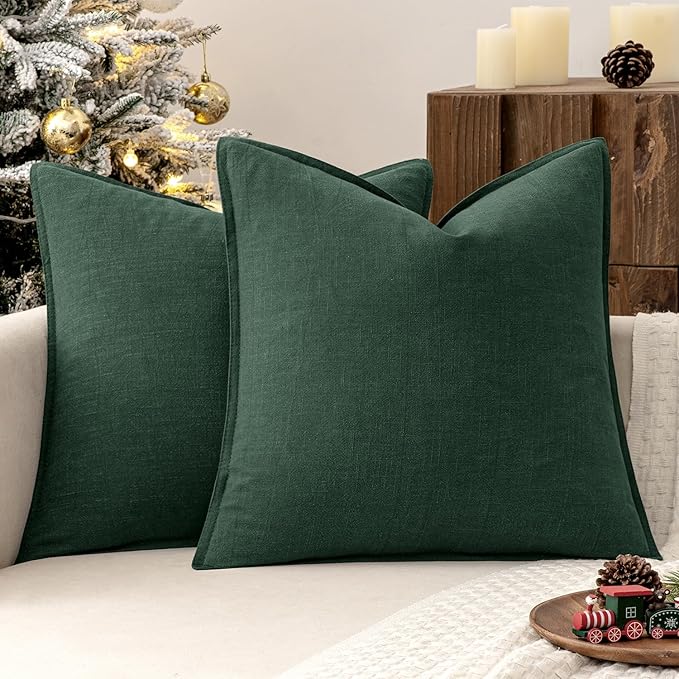 MIULEE Decorative Linen Euro Sham Pillow Covers 24x24 Dark Green Boho Farmhouse Neutral Couch Throw Pillows for Bed Pack of 2 Accent Modern Pillowcase Sofa Livingroom Home Decor