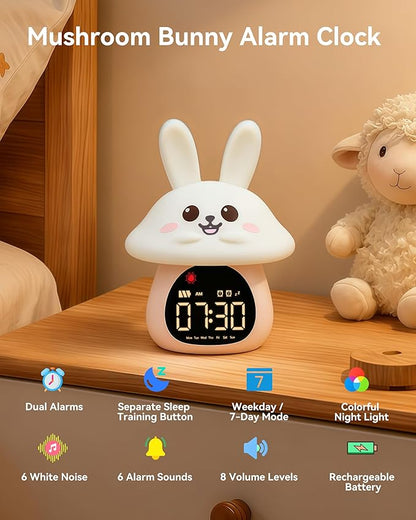 Yiliaw Sleep Training Alarm Clock with Night Light for Kids - Ok to Wake Clock with Dual Alarms, Night Light & RGB Colors, 6 Alarm Tones & White Noise, Rechargeable Clock for Boys & Girls, Bunny