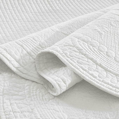 MarCielo 100% Cotton Quilt Set - 3-Piece Embroidered Farmhouse Bedspread & Shams, All-Season Breathable Bedding(TG Bright White,Queen)