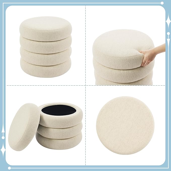 Flouki 20.1" Storage Ottoman Round, Vanity Stools for Bedroom, Linen Pouf Ottoman with Removable Lid, Modern Ottoman Stool for Girls Women, Foot Stool for Living Room, Beige