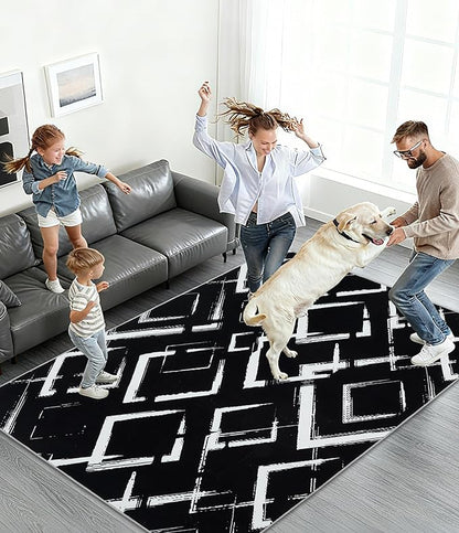 YIHOUSE Black Modern Geometric Area Rug 8x10, Black and White Rug with Abstract Diamond Patterns,Non-Shedding Washable Rugs for Bedroom, Home Office and Living Room