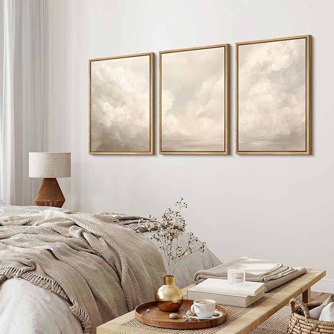 MUDECOR Framed Wall Art Print Set Neutral Cloudscape Soft Beige Abstract Sky Illustrations Modern Art Boho Decorative Colorful Chic for Living Room, Bedroom, Office - 16"x24"x3 Natural